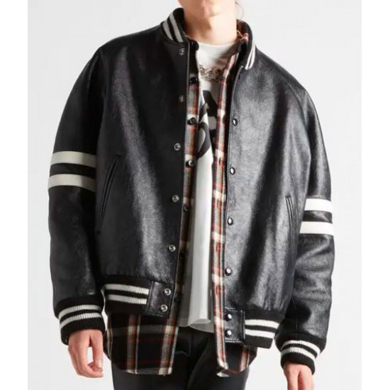 Men's Homme Striped Black Leather Bomber Jacket